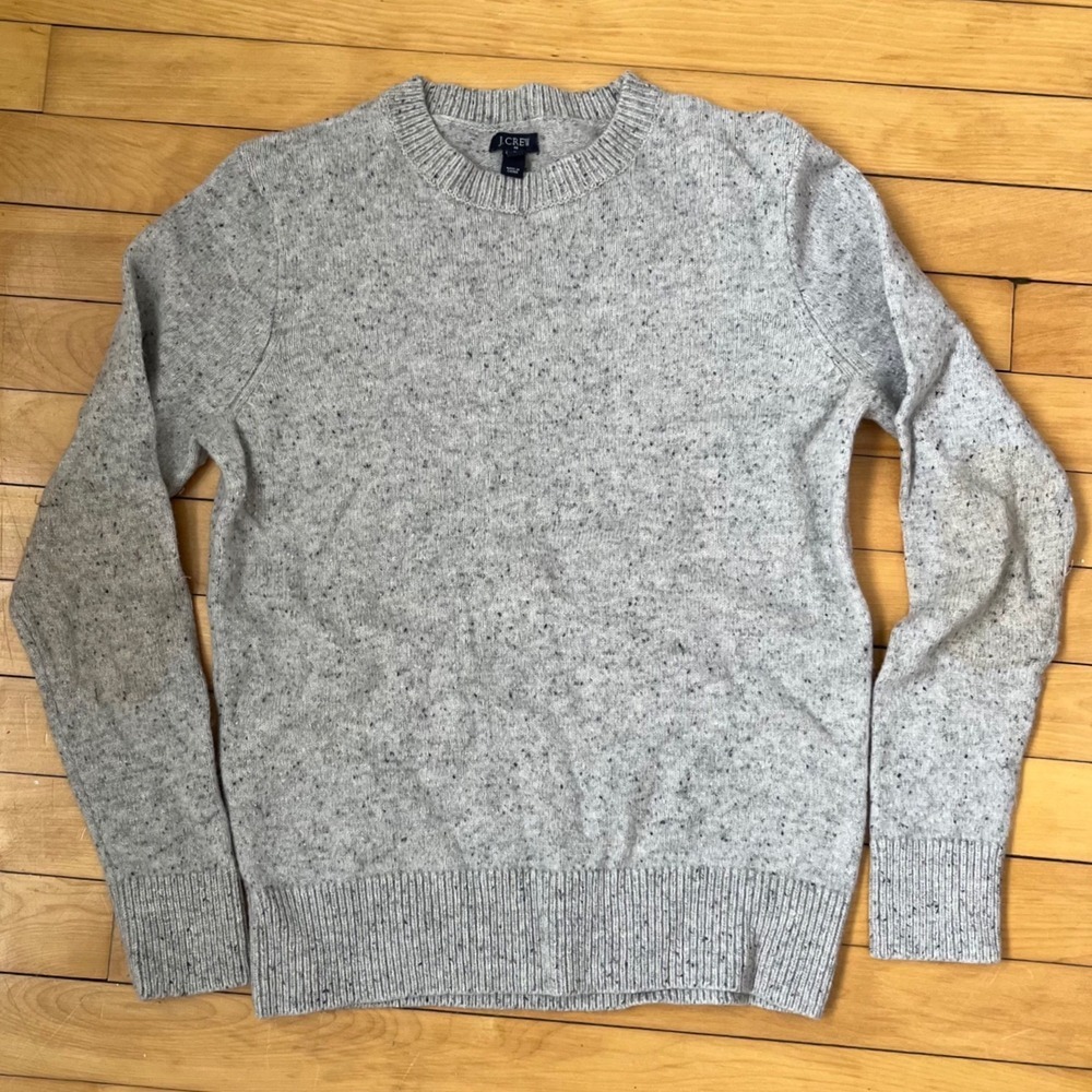 J.Crew Mens Small Lambswool Blend Crewneck Sweater Grey Speckled Elbow Patches